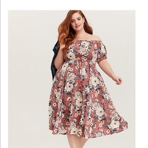 Rose Pink Floral Challis Off Shoulder Midi Dress